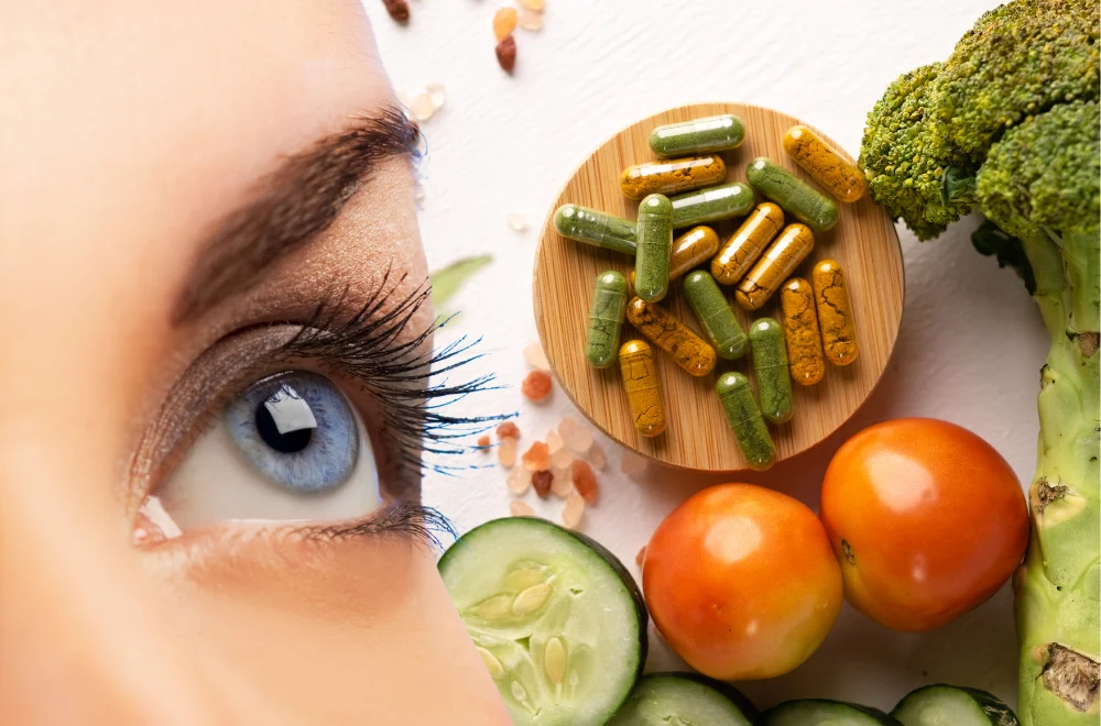 Sievietes acs tuvplāns, blakus dārzeņi un vitamīni, kas simbolizē uzturu acu veselībai
